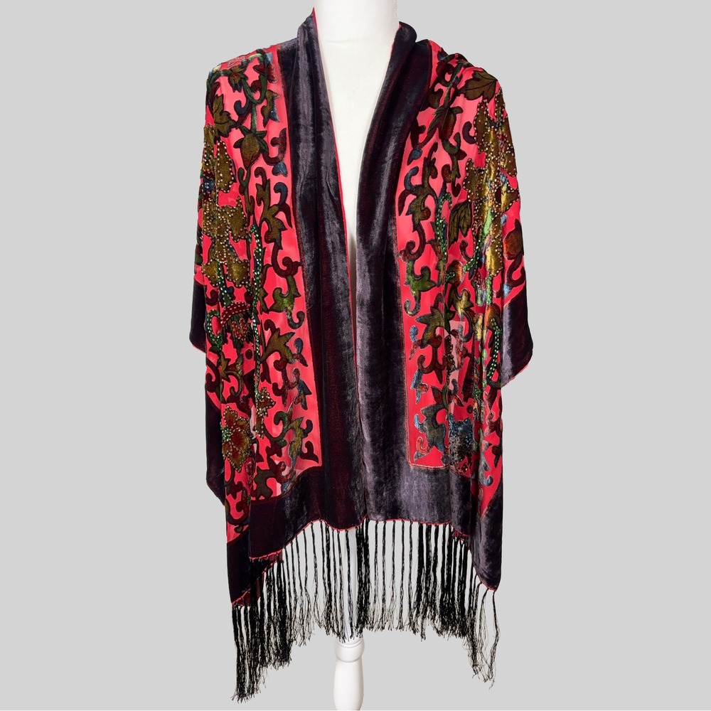 VTG Sequined Velvet Burnout Devore Goth Vampire Sheer Fringe Wrap